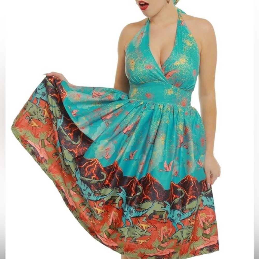 Lindy Bob Pin-Up Vibrant Halter Dress with Dinosaur Print